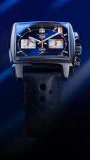 Luxury square blue dial men's chronograph watch with black perforated leather strap