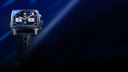 Luxury square men's watch with blue dial, white subdials, and black perforated strap