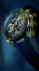 Luxury men's skeleton dial chronograph watch with yellow accents and visible mechanical movement